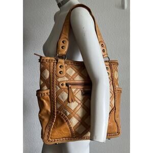 Vintage Isabella Fiore Women’s Tan Leather Canvas Lattice Beaded Shoulder Bag
